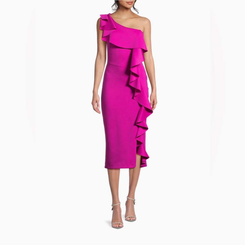 One-Shoulder Fuchsia Ruffle Midi Dress - Picture 3 of 8
